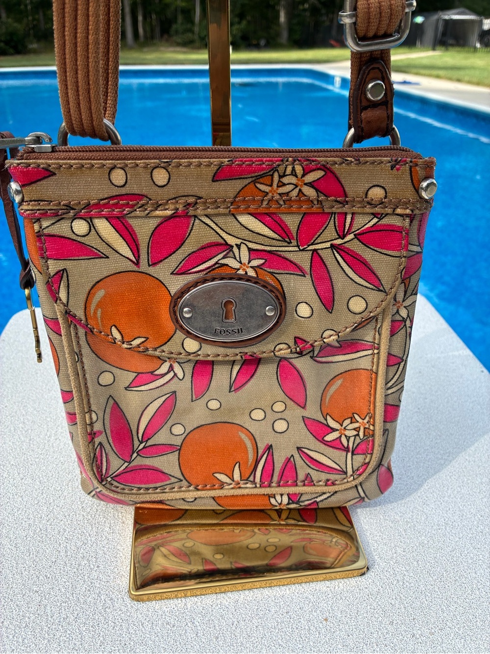 Fossil Key-Per Pink & Orange Floral Canvas Crossbody Bag